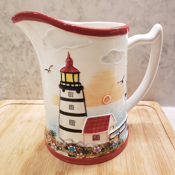 Ocean, beach, lighthouse, summer red and white pitcher - Picture 1 of 6